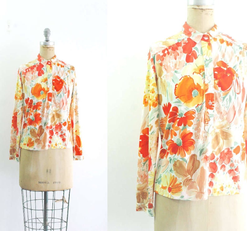 Vintage 1970s Floral Blouse Orange Pink Red Floral Blouse Poppy Shirt Daisy Shirt Orange Poppy Blouse California Poppy Daisy Blouse L