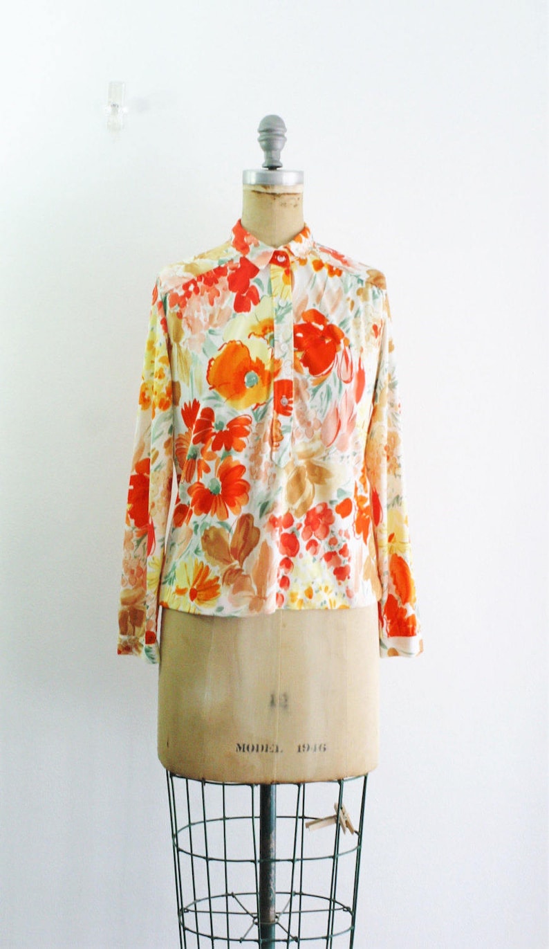 Vintage 1970s Floral Blouse Orange Pink Red Floral Blouse Poppy Shirt Daisy Shirt Orange Poppy Blouse California Poppy Daisy Blouse L