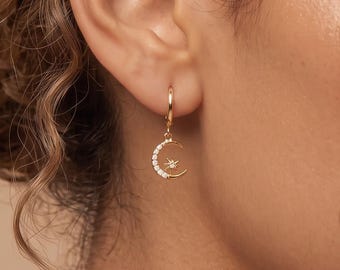 18K Gold Filled Moon Star Earrings,CZ Crescent Moon Huggie Hoops,Celestial Dangle Earrings,Star Charm Earrings,Gift For Her