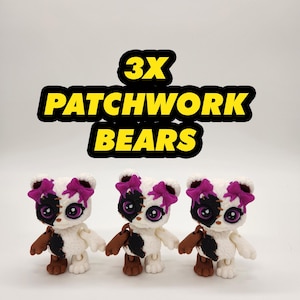 May include: Three white patchwork bears with black and brown accents, purple bows, and large eyes. The bears have jointed limbs and are standing. The text "3X PATCHWORK BEARS" is displayed above them.