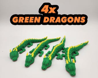 4 dragones verdes impresos en 3D: juego de modelos de juguete