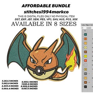 May include: An embroidered digital design of a cartoon dragon in orange, green, and yellow. The design includes the text "AFFORDABLE BUNDLE" and "stitches1994markco". Available in 8 sizes, ranging from 8.1x5.8 cm to 25.1x18.5 cm.