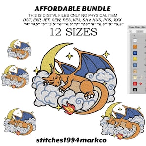 May include: Digital embroidery file bundle featuring a cartoon dragon sleeping on a cloud under a crescent moon. The design includes 12 sizes and is available in multiple file formats. Text includes "AFFORDABLE BUNDLE" and "stitches1994markco".