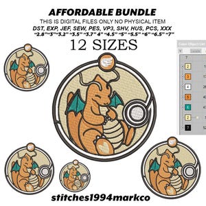May include: An embroidered patch design featuring a cartoon dragon in shades of orange, teal, and cream, surrounded by a circular border. The text "AFFORDABLE BUNDLE" and "12 SIZES" are displayed above the design. The text "stitches1994markco" is at the bottom.