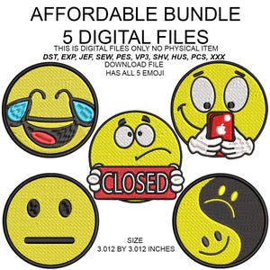 May include: An affordable bundle of 5 digital emoji files. The emojis include a laughing face with sunglasses, a sad face holding a "CLOSED" sign, a face with a straight line for a mouth, a face holding a phone, and a yin-yang emoji. Each emoji is 3.012 by 3.012 inches.