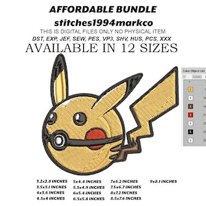 Może przedstawiać: Haftowany wzór Pikachu w kolorze żółtym, czarnym i czerwonym. Obraz zawiera tekst „AFFORDABLE BUNDLE” i „stitches1994markco”. Projekt jest dostępny w 12 rozmiarach, od 8,1x7,1 cm do 22,9x20,6 cm.