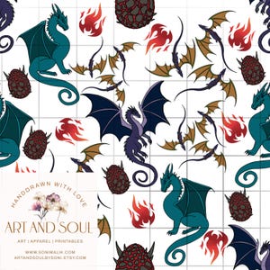 Puede incluir: Un patrón repetido con dragones, huevos de dragón y llamas en verde azulado, morado, marrón y rojo. Los dragones tienen alas grandes y están en varias poses. El fondo es una cuadrícula de cuadrados blancos. El texto "Art and Soul" es visible en la esquina inferior izquierda.