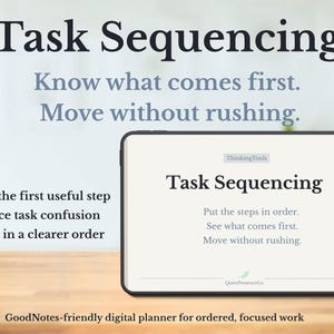 May include: A tablet displays a digital planner titled "Task Sequencing." The image includes the phrases "Know what comes first," and "Move without rushing." Additional text highlights steps to reduce confusion and move in a clearer order. The planner is designed for focused work.