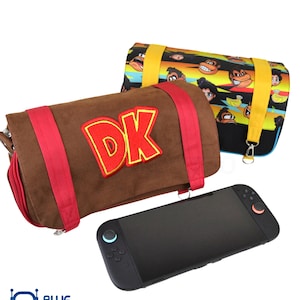 May include: Two Donkey Kong-themed messenger bags, one brown with red straps and "DK" logo, the other with a colorful character print. A black Nintendo Switch console is also visible.