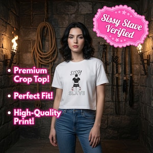 Sissy Slave illustration Crop Tee | kneeling figure, script text