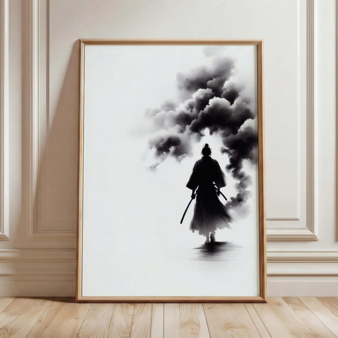 Samurai Wall Art | Japanese Ink Print | Black and White Warrior ...