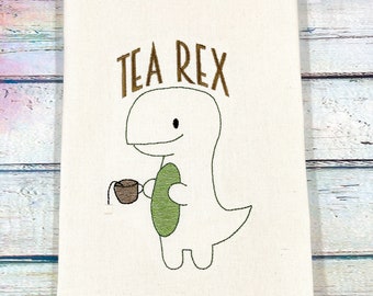 Tea Rex Embroidered Kitchen Towel, Dinosaur Tea Towel, Gift for the Home, Hostess Gift