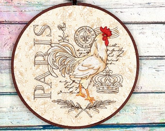 Farmhouse Paris Rooster Handmade Embroidery Hoop Wall Art, Embroidered Gift, Farmhouse Decor, Modern Home Decor