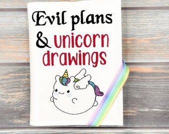 Evil Plans & Unicorn Drawings Mini Notebook {A6} Embroidered Journal Cover, Composition Book, Notes Book, Travel Notes, Mini Notebook