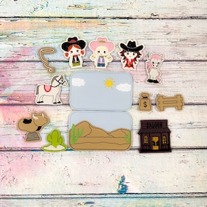 Cowgirls Tin Play Set, Felty, Cowgirl Felties, Fidget Toy, Quiet Time Activity, Travel Toy