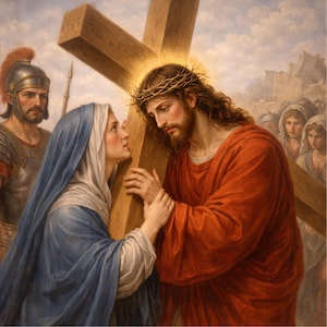 Op de afbeelding: Een schilderij dat een religieuze scène uitbeeldt. Een man in een rode jurk draagt een houten kruis en draagt een doornenkroon. Een vrouw in een blauwe sluier raakt het kruis aan. Een Romeinse soldaat en andere figuren zijn op de achtergrond.
