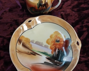 ヴィンテージ チカラマチ チャイナ クリーマープレートセット：手描き風景画、1930年代磁器