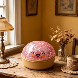 Puede incluir: Una lámpara decorativa rosa llena de purpurina, con un diseño de cara sonriente. La lámpara se encuentra en una base de color beige. Está colocada sobre una mesa de madera, junto a una lámpara y un jarrón con flores secas.