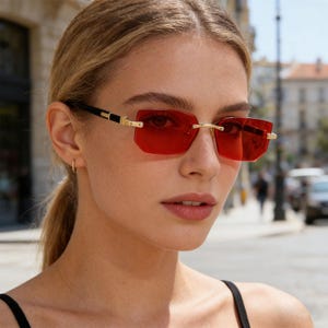 May include: Rimless sunglasses with red lenses and gold-colored metal accents. The rectangular lenses are set in a gold frame with black temples. The sunglasses are worn by a person in an outdoor setting.