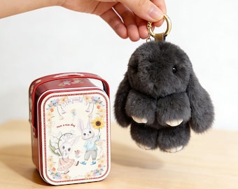 Easter Cute Bunny Plush Keychain in Iron Box, Bunny in Tin Box, Bunny Keychain with Tin, Soft Mini Rabbit Bag Charm
