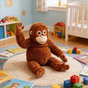 May include: A plush brown orangutan toy with a friendly expression, sitting on a round rug. The toy has a light-colored face and is surrounded by children's books and colorful building blocks in a nursery setting.