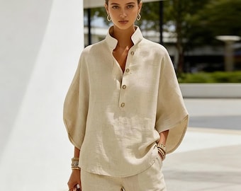 Women's Batwing Sleeve Linen Cotton Two-Piece Set – Casual Shirt & Wide Leg Pants Outfit, Breathable  Loose