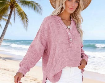 Womens Casual Gauze Button Neck Long Sleeve Oversized BlousesTops, Lightweight Cotton Loose V Neck Gauze Shirts