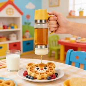 May include: A yellow and stainless steel honey dispenser pouring honey onto a bear-shaped waffle. The waffle is decorated with a bear face and served with blueberries and raspberries on a white plate. A glass of milk is also visible.