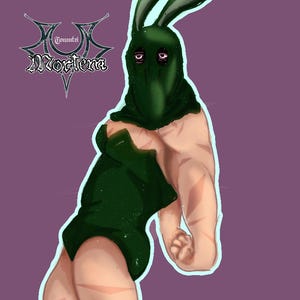 May include: Digital illustration of a figure wearing a green rabbit mask and outfit, with exposed skin. The figure is set against a purple background. The image includes the text "Tounatsi Nocterna" in a stylized font.
