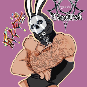 May include: Illustration of a figure wearing a skull mask with bunny ears and a black outfit. The figure has tattoos on the arm and the image includes the text "Tonantzi Nocterna" in a gothic font. The background is a solid purple color.