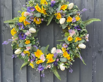 Spring Wreath: Daffodils, Pansies, Tulips, and Eucalyptus