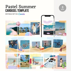 Op de afbeelding: Een digitale templateset voor sociale media, getiteld "Pastel Summer Carousel Template". Het ontwerp bevat een verzameling zomerse afbeeldingen, waaronder strandscènes, mensen en onderwateropnamen, gerangschikt in een rasterindeling. De template is bewerkbaar via Canva.