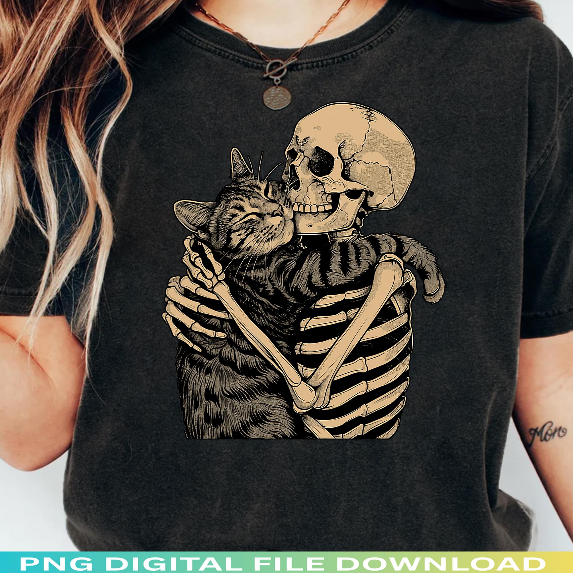 Funny Skeleton Hugging Cat PNG, Gothic Cat Lover Shirt Design ...