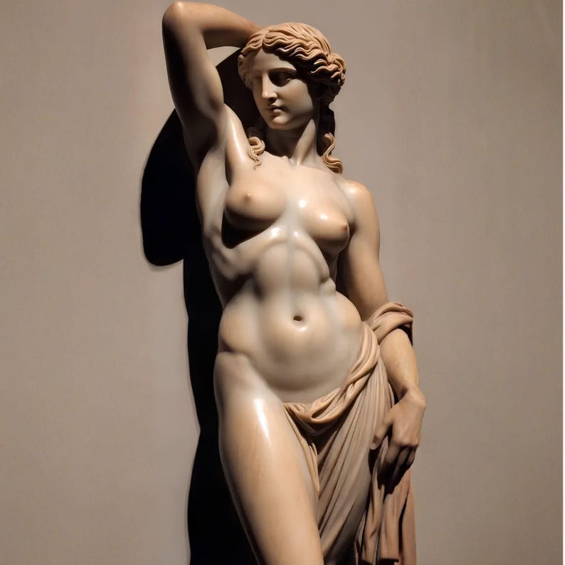 May include: A nude marble statue of a woman with her arm raised above her head. The statue has detailed facial features and flowing hair. A draped cloth is around her waist. The statue is lit with a spotlight, casting a shadow on the wall.
