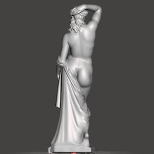 May include: A white sculpture of a nude figure, viewed from the back. The figure has long hair and is draped with fabric. The sculpture is on a rectangular base.