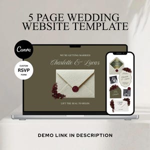 Sjabloon voor luxe trouwwebsite met RSVP-formulier | Olijfgroene en bordeauxrode digitale uitnodiging | Oud geldontwerp | Bewerkbare canvassjabloon