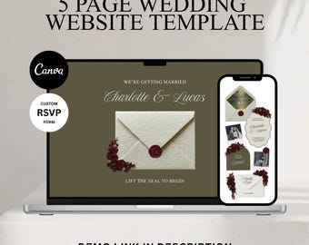 Lyxig bröllopswebbmall med OSA-formulär | Digital inbjudan i olivgrönt och vinrött | Design för gamla pengar | Redigerbar Canva-mall