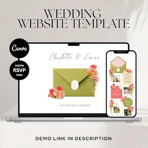 May include: A laptop and smartphone display a wedding website template. The laptop screen shows an olive green envelope with floral accents and the names "Charlotte & Lucas." The smartphone displays various website sections. Text includes "Wedding Website Template" and "Custom RSVP Form."