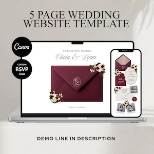 Puede incluir: Un portátil y un smartphone muestran una plantilla de sitio web de bodas. El portátil muestra un diseño de sobre burdeos con detalles florales y los nombres "Olivia & Liam". El teléfono muestra diferentes páginas web. El texto incluye "5 PAGE WEDDING WEBSITE TEMPLATE."