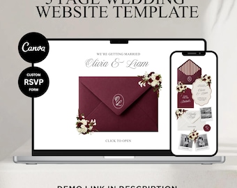 Burgundy Wedding Website Template with RSVP Form | Floral Digital Invitation | DIY Wedding Editable Canva Template