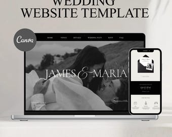 Wedding Website Template with RSVP Form | Black and White Luxury Wedding Site | Elegant Old Money Editable Canva Design