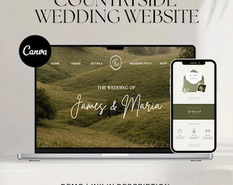 Plantilla web para bodas campestres / Página web de bodas con temática rústica con formulario de confirmación de asistencia / Plantilla editable de Canva