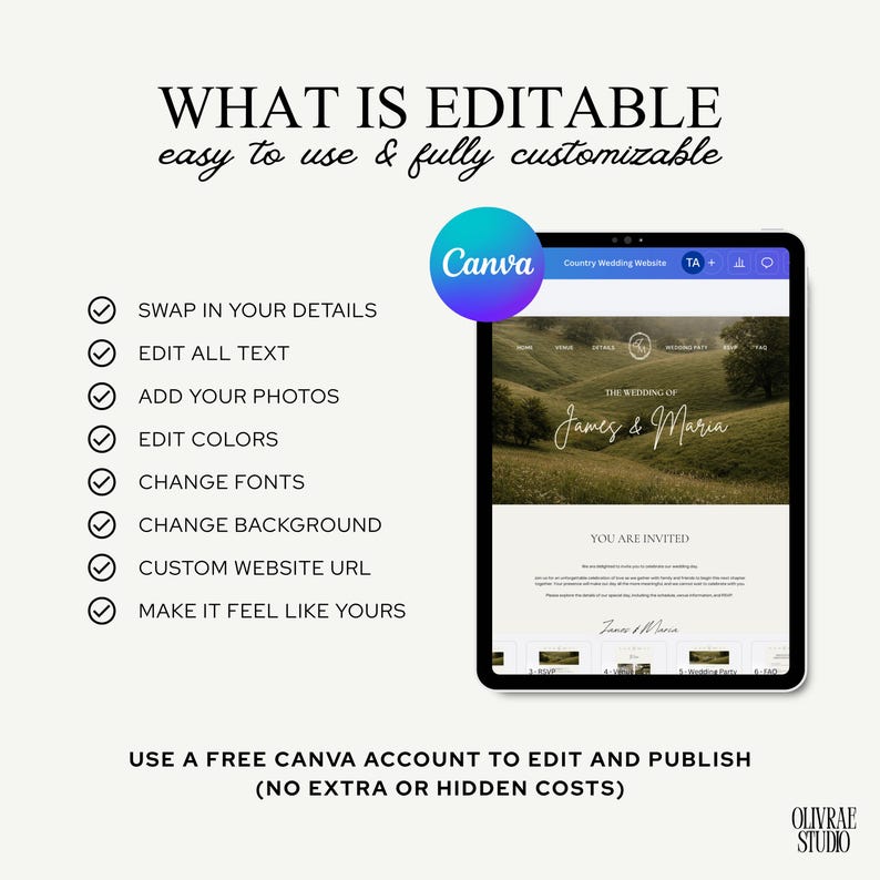 Fully editable wedding website template using Canva