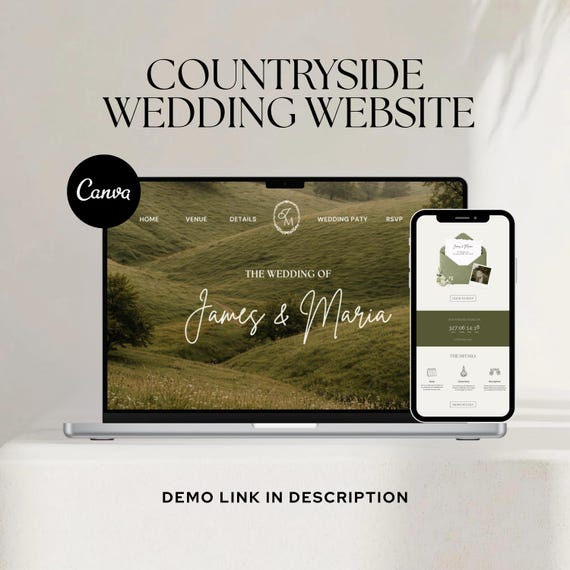 Countryside Wedding Website Template | Rustic Theme Wedding Website with RSVP Form | Editable Canva Template