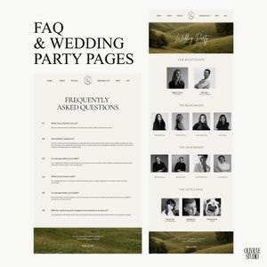 May include: A website design for a wedding, featuring the text "FAQ & WEDDING PARTY PAGES" and "FREQUENTLY ASKED QUESTIONS." The design includes sections for the wedding party, with photos of the bridesmaids, groomsmen, and "little ones."