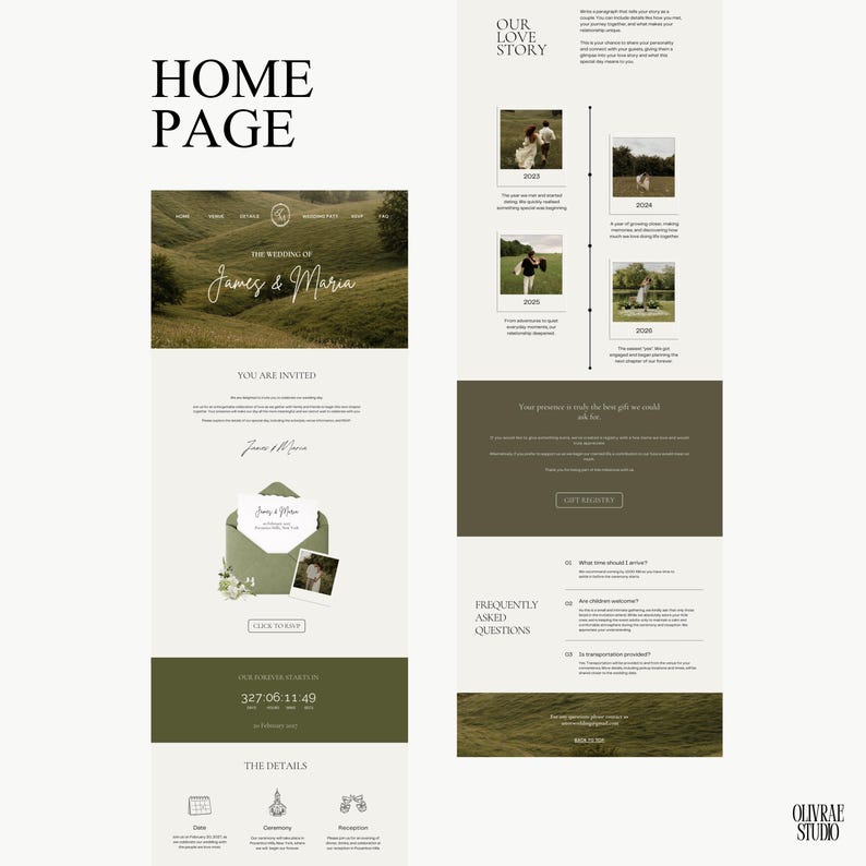 Vintage, rustic, countryside wedding themed website with envelope reveal, details, love story, rsvp, countdown and more.