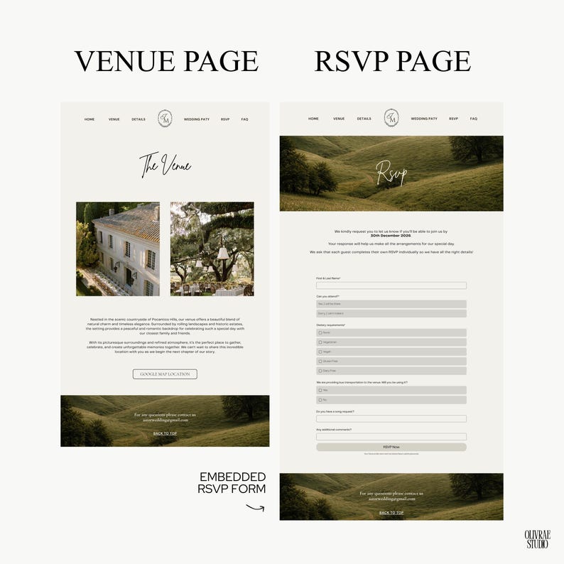 May include: Two website pages, "Venue Page" and "RSVP Page", with a neutral color palette. The venue page features a photo of a building and a tree with hanging lights. The RSVP page includes a form with fields for guest information.