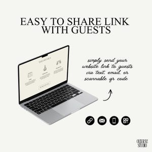 May include: A silver laptop displays a website with the text "THE DETAILS" and icons. The image includes the text "EASY TO SHARE LINK WITH GUESTS" and instructions to send a website link via text, email, or QR code.