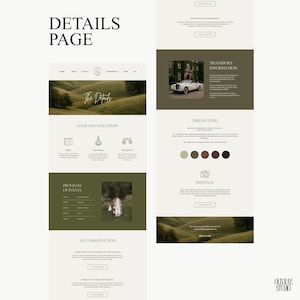 May include: A webpage layout with the title "DETAILS PAGE" in a serif font. The page includes sections for details, date and location, program of events, and accommodation. The design uses a neutral color palette with green accents and landscape photos.