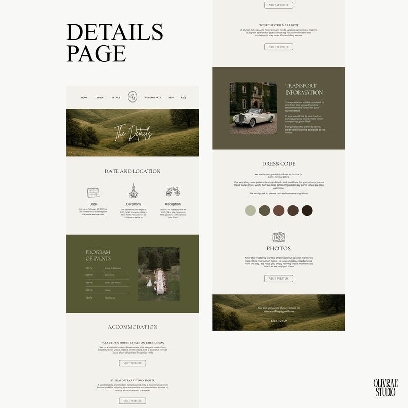 May include: A webpage layout with the title "DETAILS PAGE" in a serif font. The page includes sections for details, date and location, program of events, and accommodation. The design uses a neutral color palette with green accents and landscape photos.